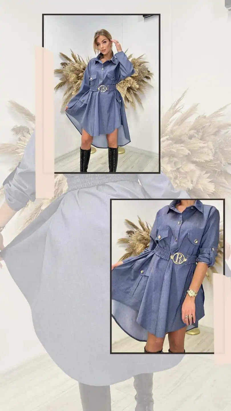 A-linjainen denim-mekko paita, jossa on korkealla ja matalalla oleva helma ja ’B’-tunnustin-solkinen vyö.