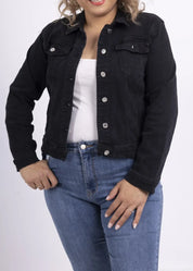 Musta stretch-farkkurotsi naisille – joustava, tyylikäs ja monikäyttöinen takki arkeen ja vapaa-aikaan.