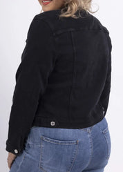 Musta stretch-farkkurotsi naisille – joustava, tyylikäs ja monikäyttöinen takki arkeen ja vapaa-aikaan.