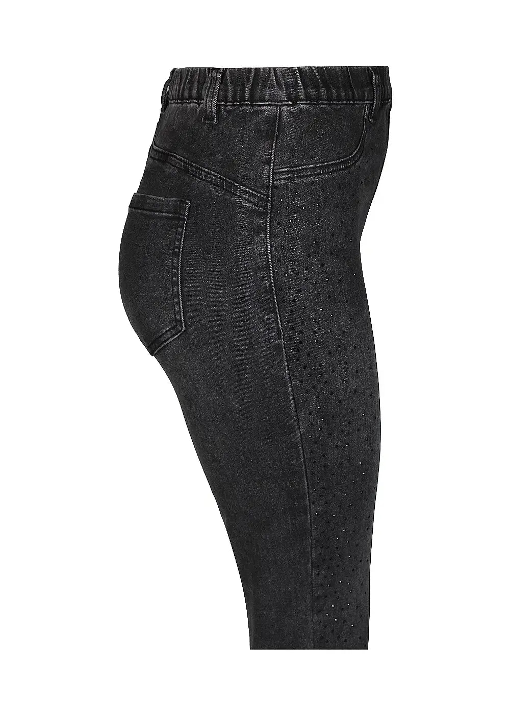 Naisten mustat jeggingsit, korkea vyötärö, strassikoristeet, kulutettu farkkulook, mukava stretch-materiaali