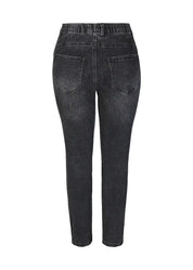 Naisten mustat jeggingsit, korkea vyötärö, strassikoristeet, kulutettu farkkulook, mukava stretch-materiaali