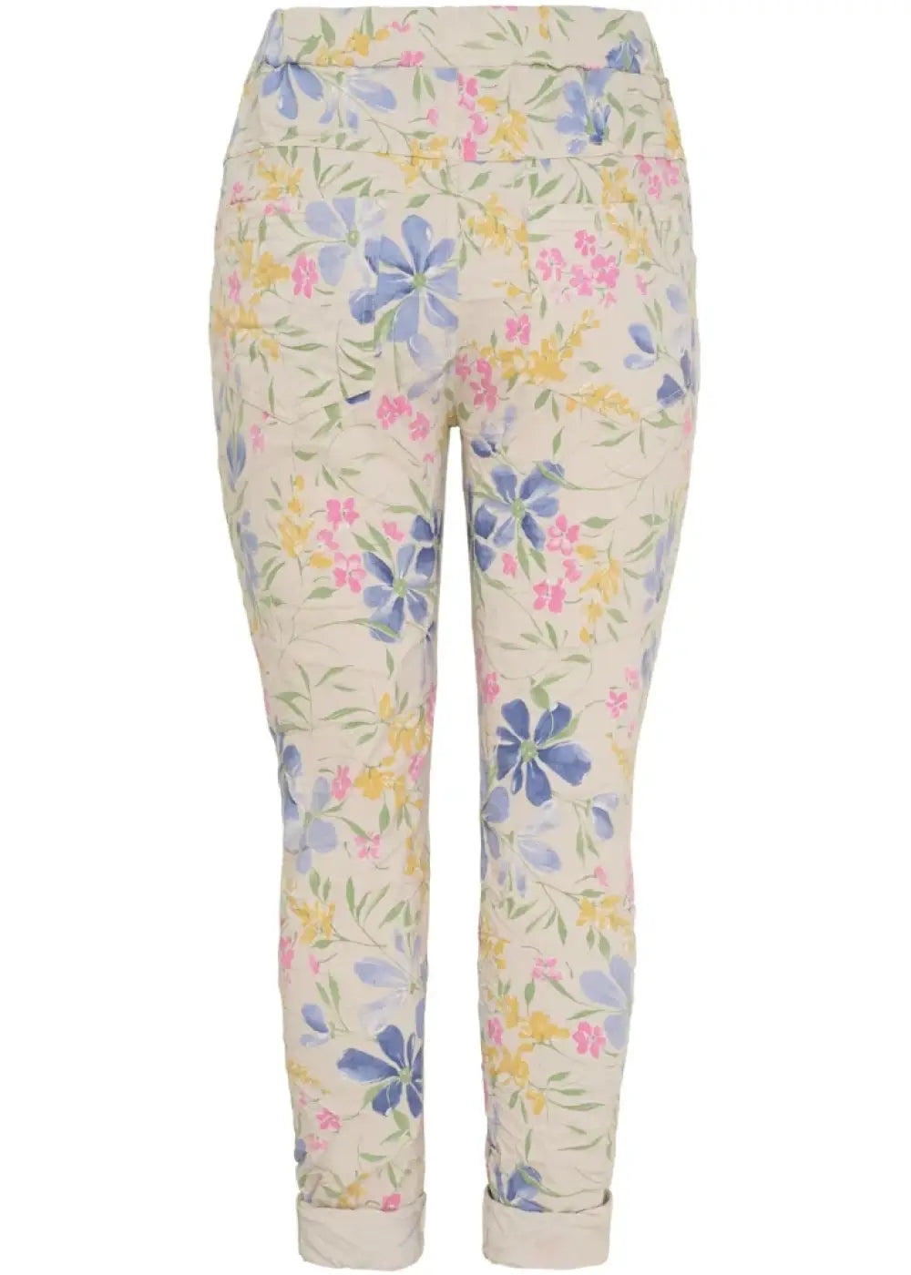 Marta du Chateau naisten kukkakuvioidut stretch-housut, joustava vyötärö kiristysnarulla, taskut edessä ja takana.