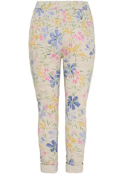 Marta du Chateau naisten kukkakuvioidut stretch-housut, joustava vyötärö kiristysnarulla, taskut edessä ja takana.