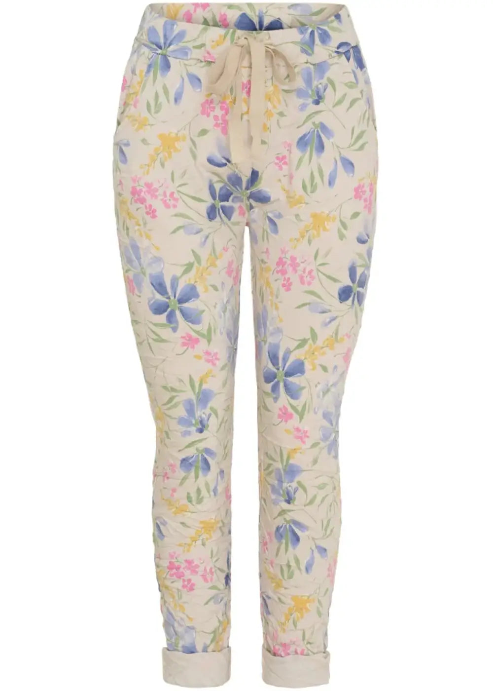 Marta du Chateau naisten kukkakuvioidut stretch-housut, joustava vyötärö kiristysnarulla, taskut edessä ja takana.