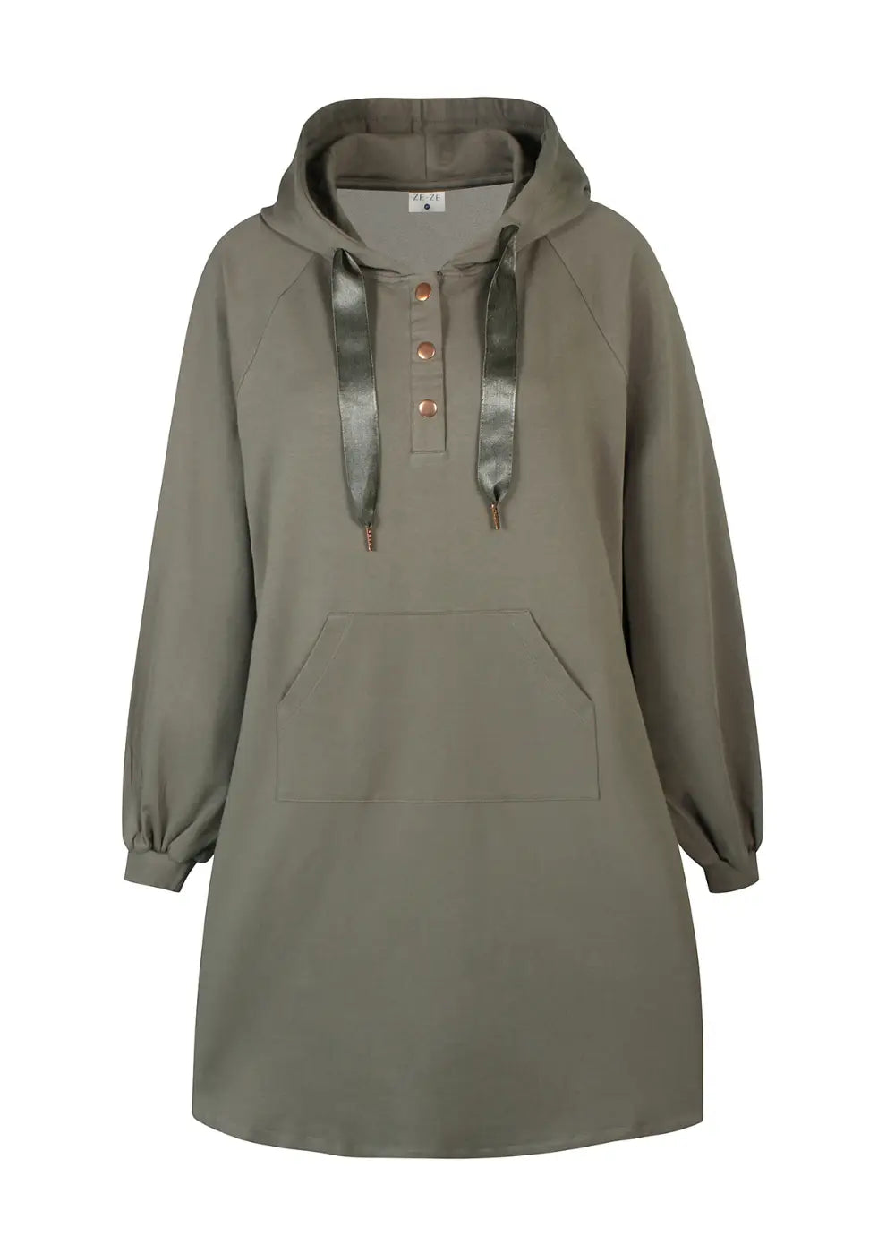 Pitkä khakinvihreä huppari pehmeästä collegekankaasta, suora malli, nepparit edessä, halkiot helmassa ja kengurutasku.