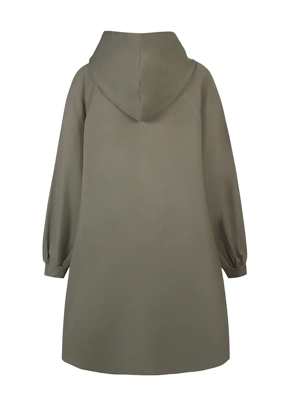 Pitkä khakinvihreä huppari pehmeästä collegekankaasta, suora malli, nepparit edessä, halkiot helmassa ja kengurutasku.