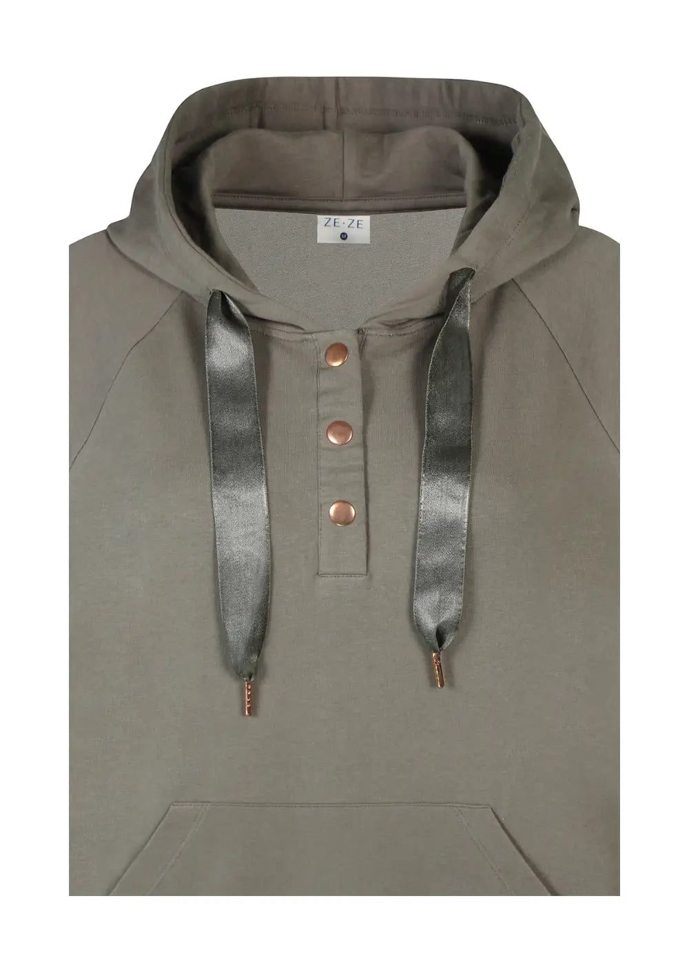 Pitkä khakinvihreä huppari pehmeästä collegekankaasta, suora malli, nepparit edessä, halkiot helmassa ja kengurutasku.