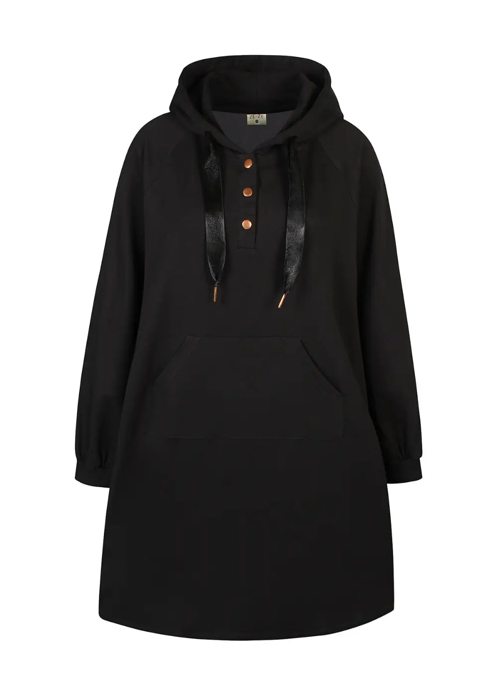 Pitkä musta huppari pehmeästä collegekankaasta, suora malli, nepparit edessä, halkiot helmassa ja kengurutasku.