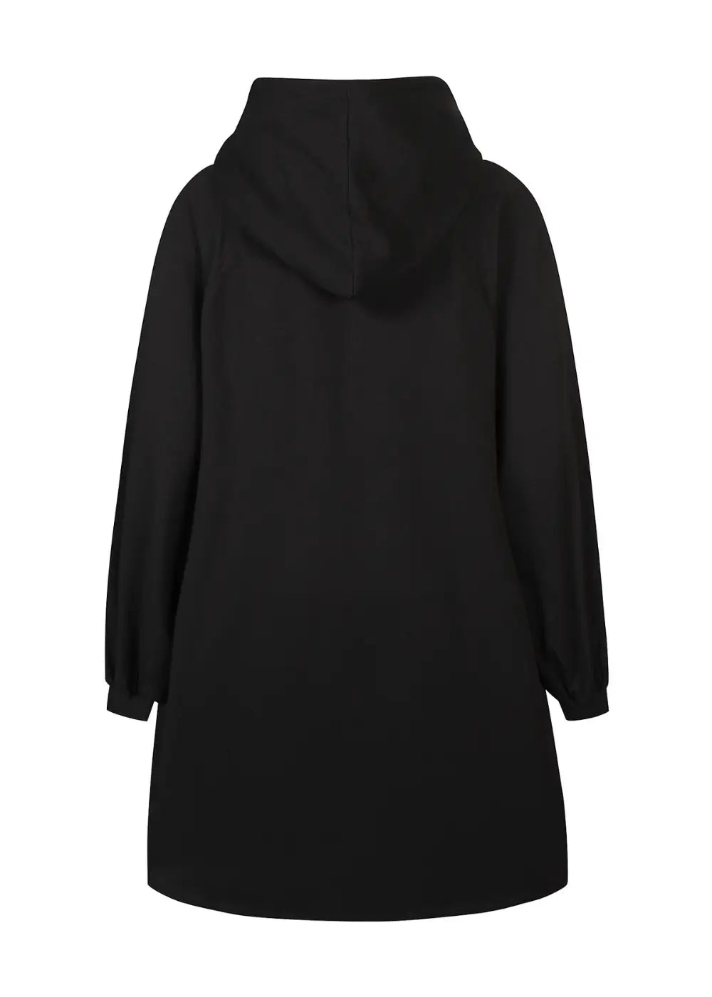 Pitkä musta huppari pehmeästä collegekankaasta, suora malli, nepparit edessä, halkiot helmassa ja kengurutasku.