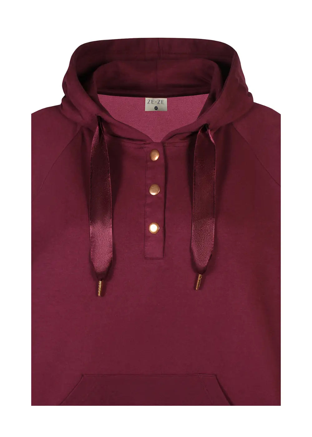 Pitkä viininpunainen huppari pehmeästä collegekankaasta, suora malli, nepparit edessä, halkiot helmassa ja kengurutasku.