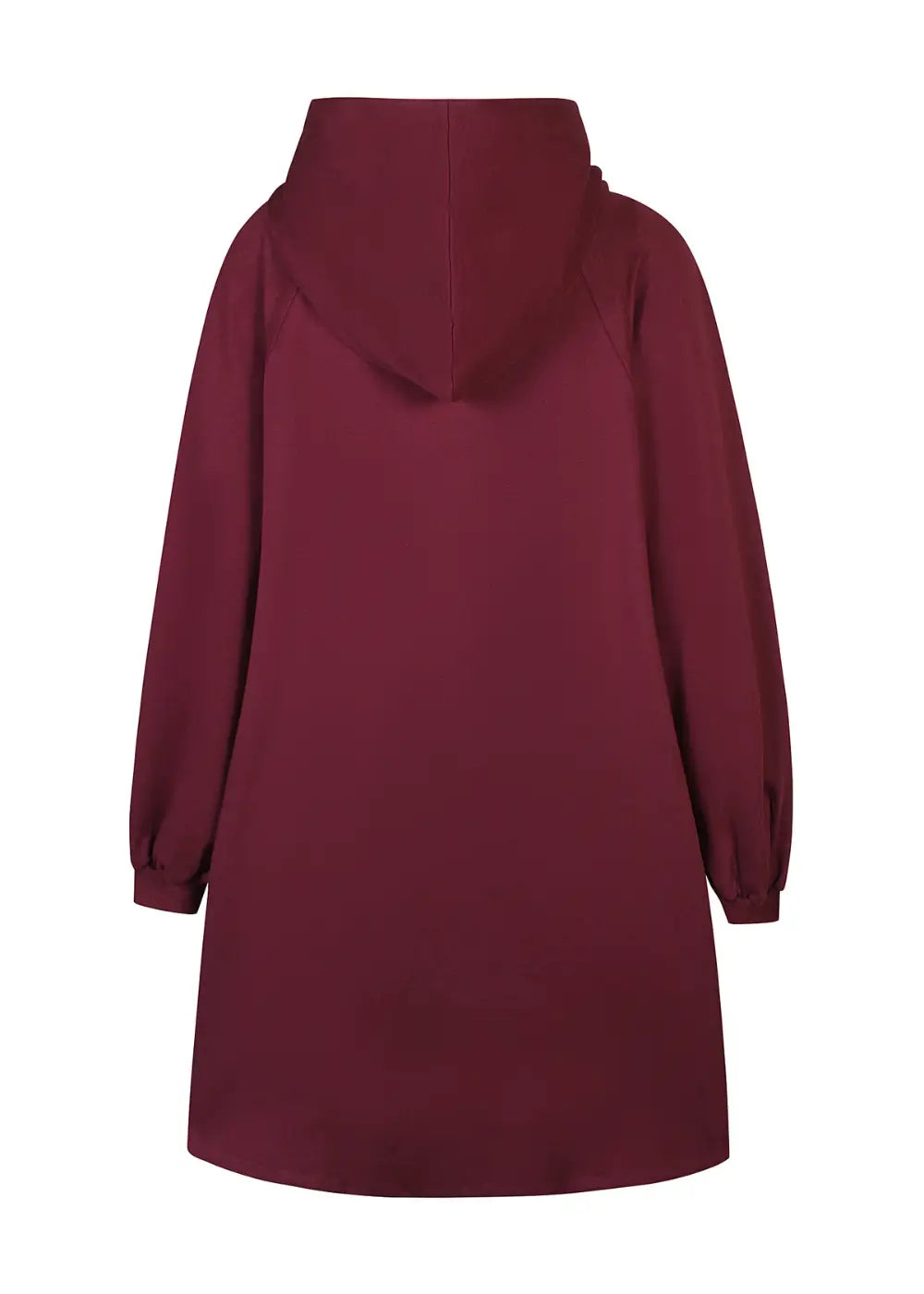 Pitkä viininpunainen huppari pehmeästä collegekankaasta, suora malli, nepparit edessä, halkiot helmassa ja kengurutasku.