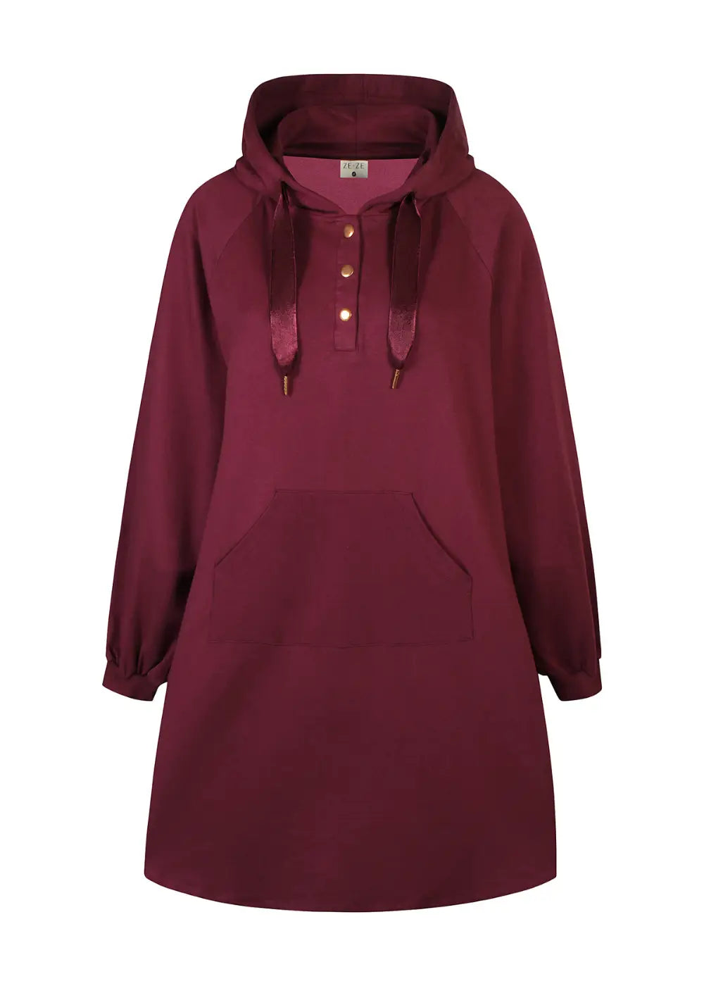 Pitkä viininpunainen huppari pehmeästä collegekankaasta, suora malli, nepparit edessä, halkiot helmassa ja kengurutasku.