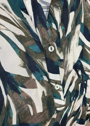 Kirjavan vihreä-ruskea tunika V-pääntiellä ja resorihihoilla, kevyt A-linjainen malli arkeen ja rennompaan käyttöön.