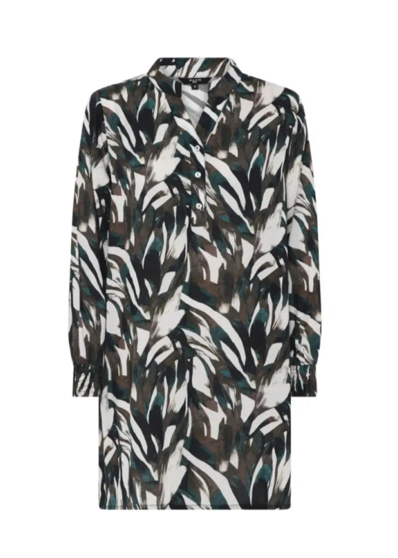 Kirjavan vihreä-ruskea tunika V-pääntiellä ja resorihihoilla, kevyt A-linjainen malli arkeen ja rennompaan käyttöön.