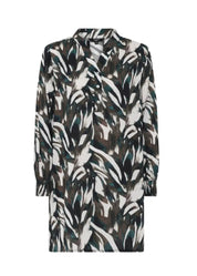 Kirjavan vihreä-ruskea tunika V-pääntiellä ja resorihihoilla, kevyt A-linjainen malli arkeen ja rennompaan käyttöön.