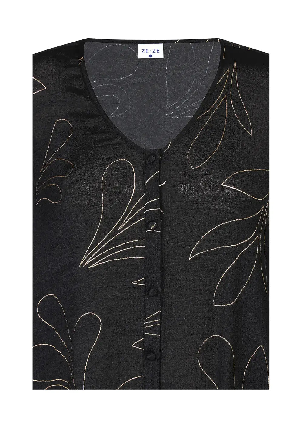 Elegantti A-linjainen juhlamekko, jossa kultaiset yksityiskohdat, puffihihat, napitus ja epätasainen helma.