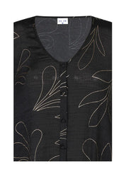 Elegantti A-linjainen juhlamekko, jossa kultaiset yksityiskohdat, puffihihat, napitus ja epätasainen helma.