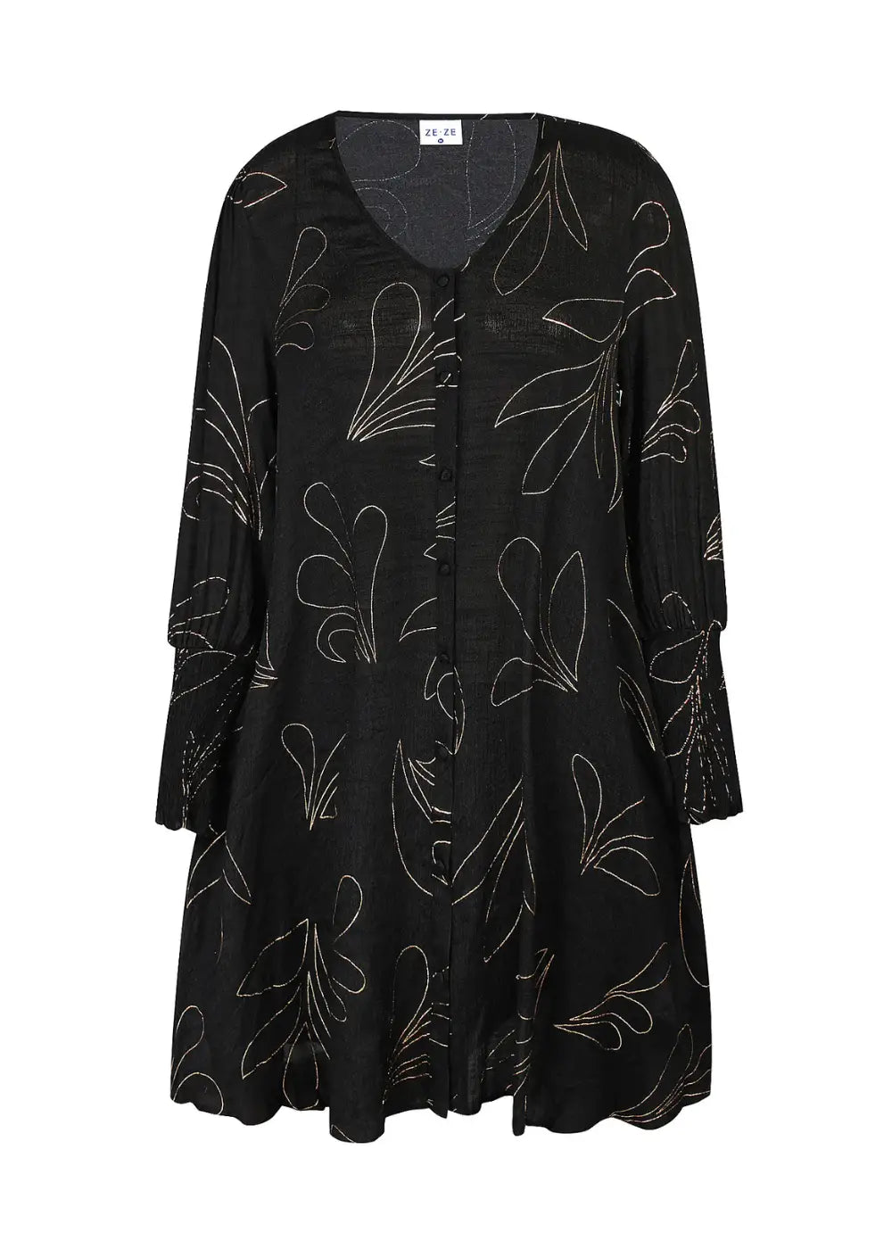 Elegantti A-linjainen juhlamekko, jossa kultaiset yksityiskohdat, puffihihat, napitus ja epätasainen helma.