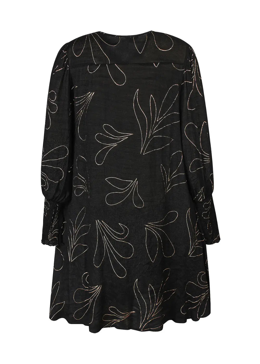 Elegantti A-linjainen juhlamekko, jossa kultaiset yksityiskohdat, puffihihat, napitus ja epätasainen helma.