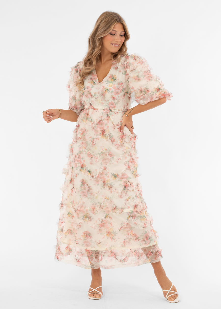 Naisten romanttinen maksimekko, kukkakuviollinen tylliröyhelö, joustava alusmekko, poikkileikkaus vyötäröllä, leveät hihat ja syvä V-pääntie