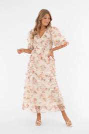 Naisten romanttinen maksimekko, kukkakuviollinen tylliröyhelö, joustava alusmekko, poikkileikkaus vyötäröllä, leveät hihat ja syvä V-pääntie