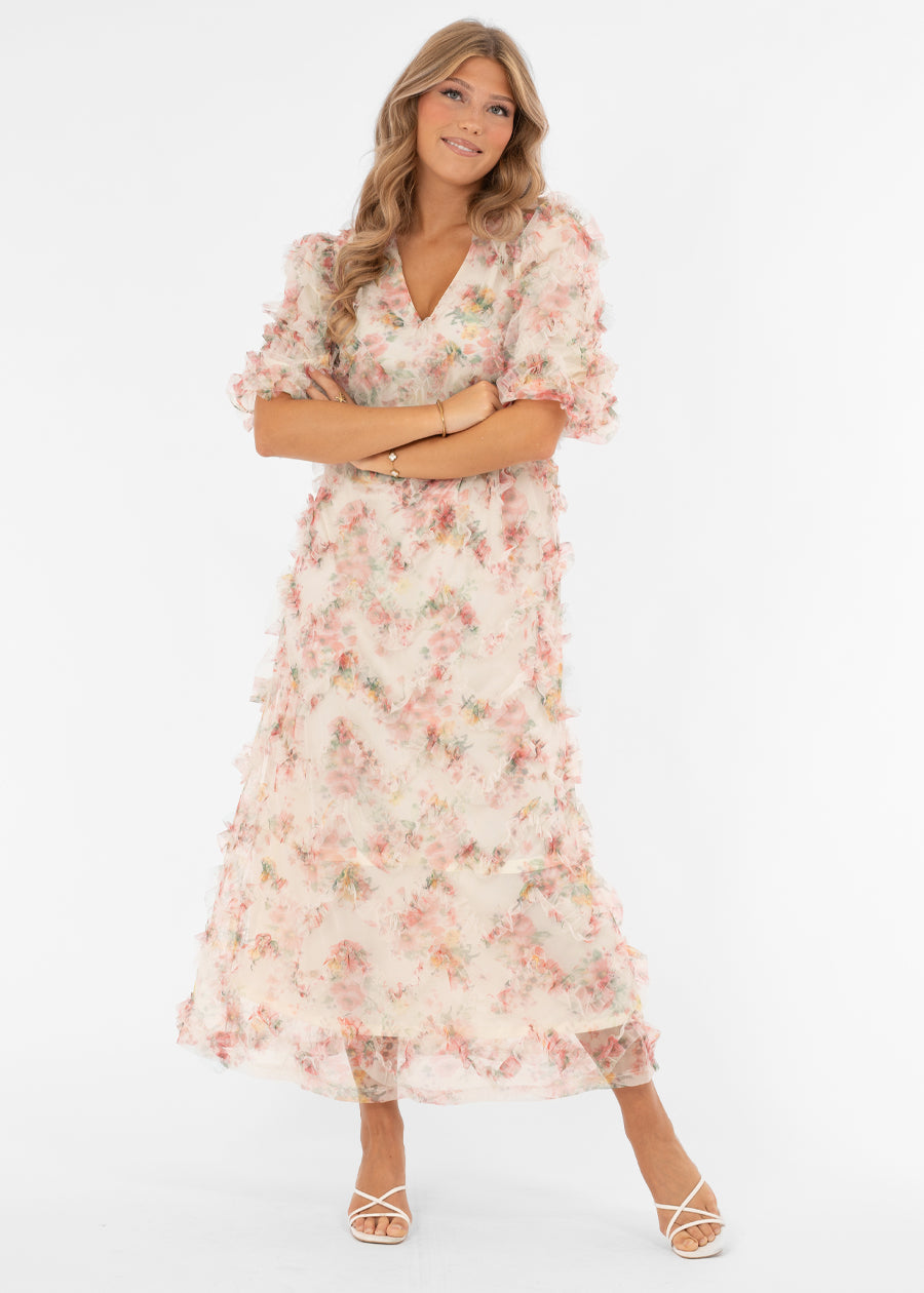 Naisten romanttinen maksimekko, kukkakuviollinen tylliröyhelö, joustava alusmekko, poikkileikkaus vyötäröllä, leveät hihat ja syvä V-pääntie