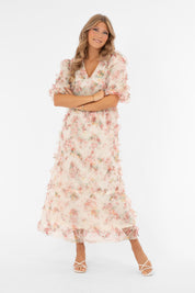 Naisten romanttinen maksimekko, kukkakuviollinen tylliröyhelö, joustava alusmekko, poikkileikkaus vyötäröllä, leveät hihat ja syvä V-pääntie