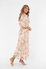 Naisten romanttinen maksimekko, kukkakuviollinen tylliröyhelö, joustava alusmekko, poikkileikkaus vyötäröllä, leveät hihat ja syvä V-pääntie