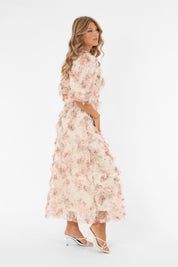 Naisten romanttinen maksimekko, kukkakuviollinen tylliröyhelö, joustava alusmekko, poikkileikkaus vyötäröllä, leveät hihat ja syvä V-pääntie