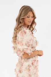 Naisten romanttinen maksimekko, kukkakuviollinen tylliröyhelö, joustava alusmekko, poikkileikkaus vyötäröllä, leveät hihat ja syvä V-pääntie