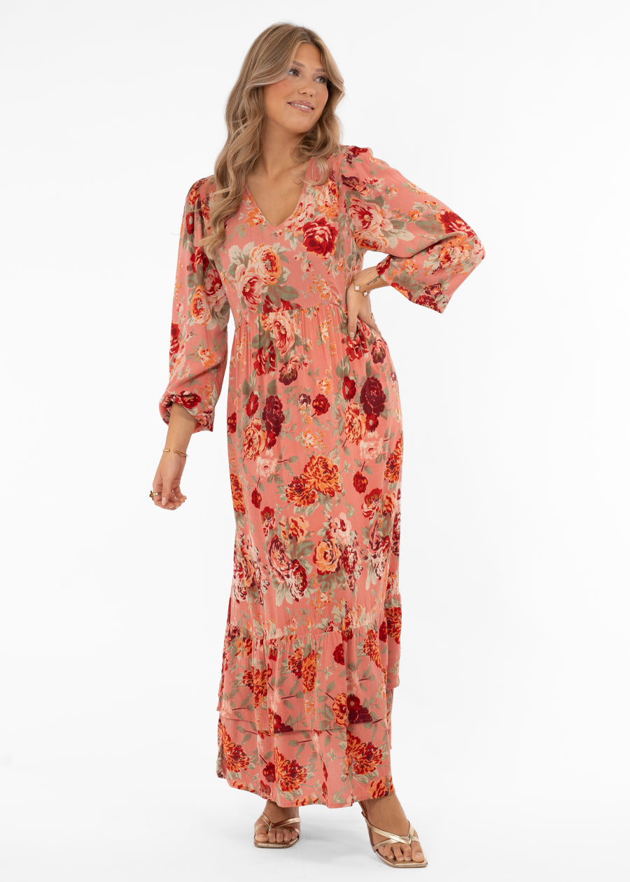 Naisten suloinen kukkakuvioinen maksimekko, kreppiviskoosi, A-linja, frillahelma, pitkät hihat, kuminauhavyötärö ja V-pääntie