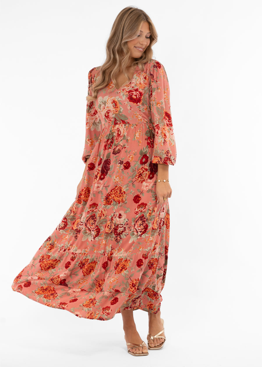 Naisten suloinen kukkakuvioinen maksimekko, kreppiviskoosi, A-linja, frillahelma, pitkät hihat, kuminauhavyötärö ja V-pääntie