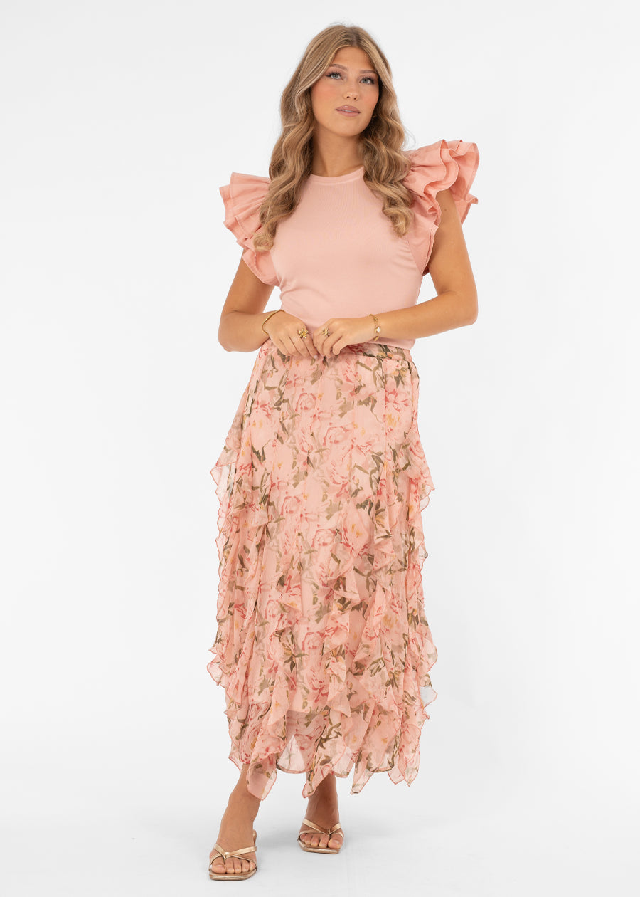 Naisten hurmaava pitkä juhlahame, röyhelöinen sifonki, kukkakuvio, kiinteä alushame, A-linja ja leveä kuminauhavyötärö