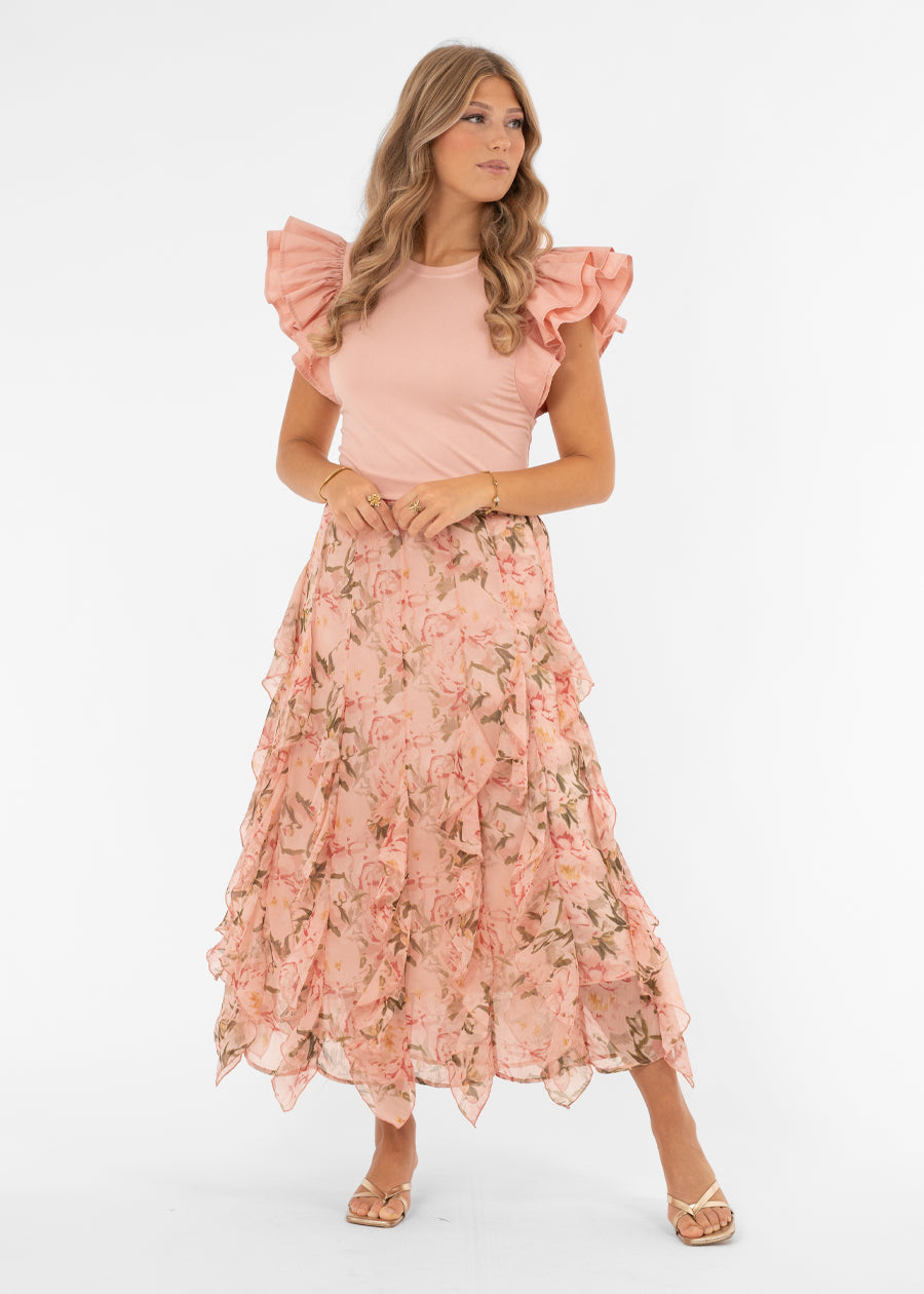 Naisten hurmaava pitkä juhlahame, röyhelöinen sifonki, kukkakuvio, kiinteä alushame, A-linja ja leveä kuminauhavyötärö