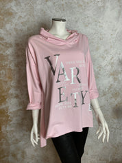 Naisten hupparitunika printillä, pehmeä joustava materiaali, A-linja, pidempi takaa, pitkät hihat ja laskettu olkalinja