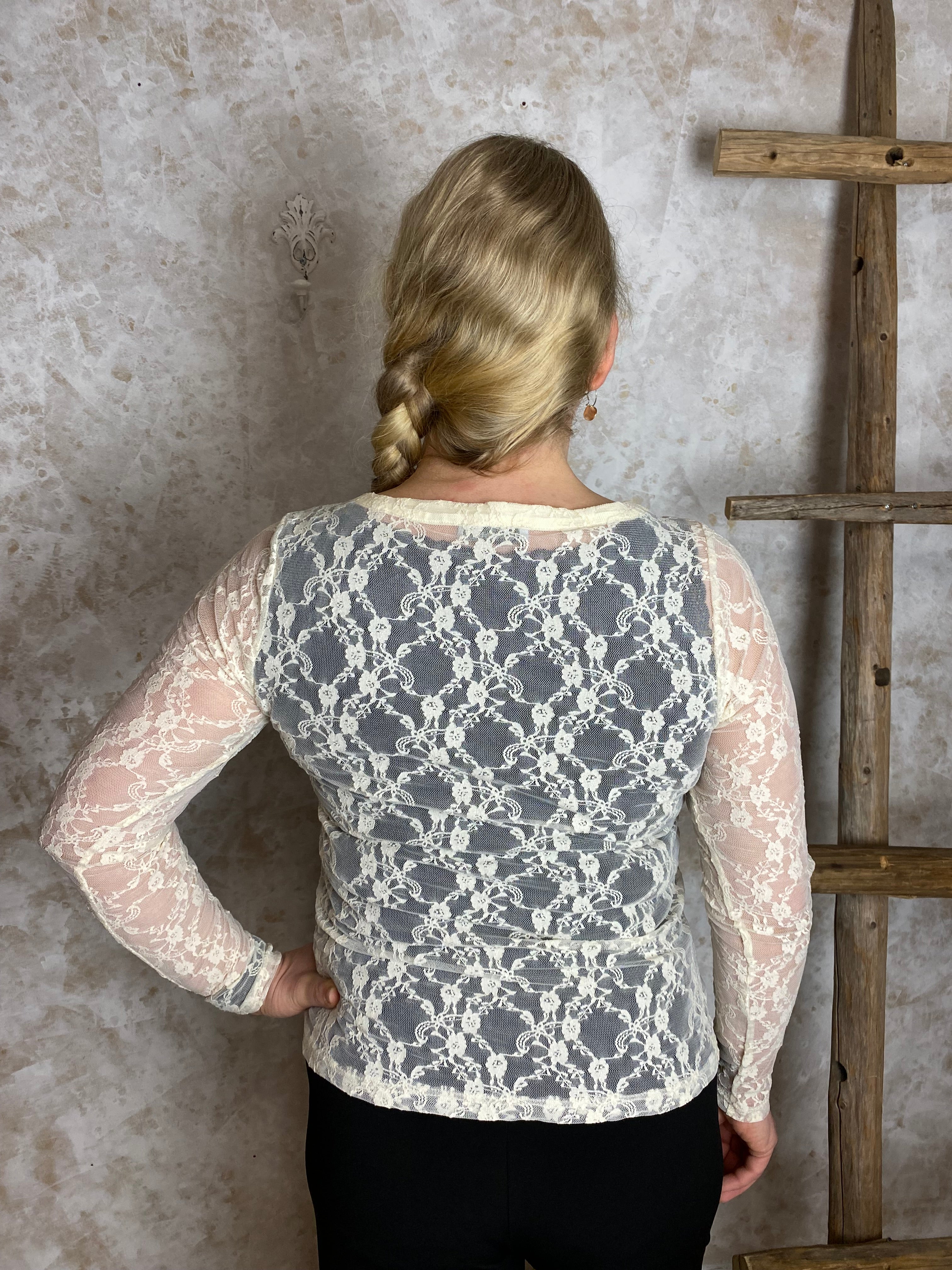 Naisten luonnonvalkoinen pitkähihainen pitsipaita, joustava läpikuultava yläosa arkeen ja juhlaan, O-pääntie