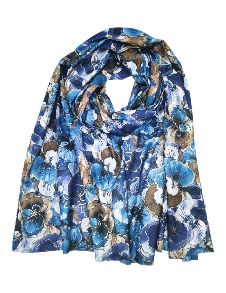 Pehmeä ja lämmin huivi nukkapinnalla, kukkakuvio ja kultainen glitter-koristelu, näyttävä asuste arkeen