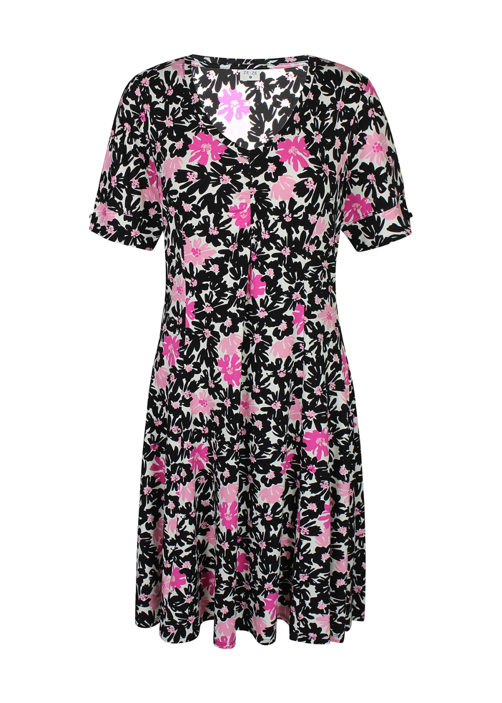 Naisten pinkki kukkamekko joustavasta ja pehmeästä materiaalista, lyhythihainen malli, V-pääntie, rypytetty yksityiskohta ja levenevä helma