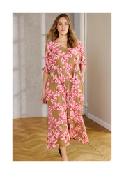 Naisten maksimekko kreppiviskoosista, suuret kukkakuviot, V-pääntie, vajaamittaiset hihat, taskut ja levenevä helma