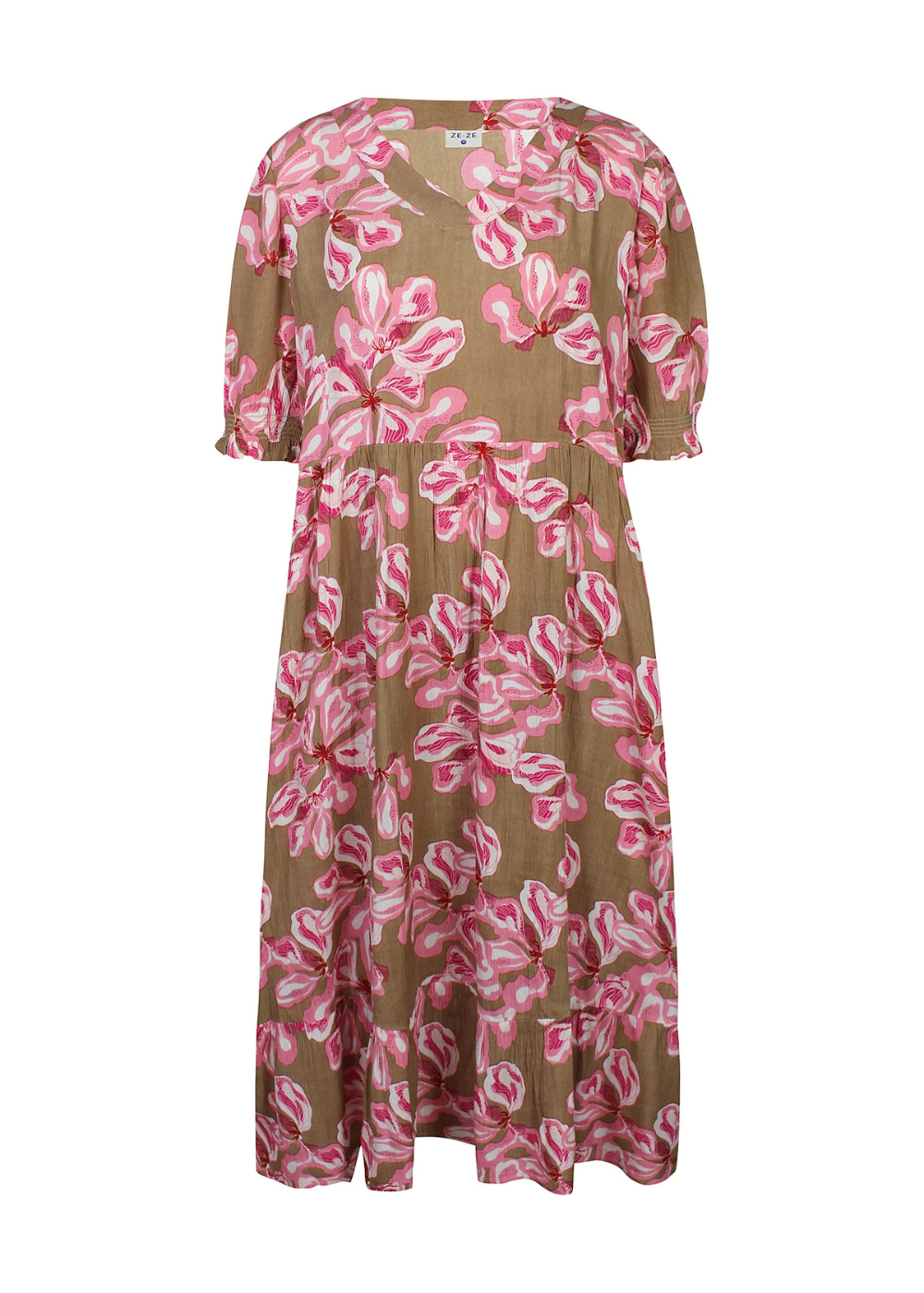 Naisten maksimekko kreppiviskoosista, suuret kukkakuviot, V-pääntie, vajaamittaiset hihat, taskut ja levenevä helma