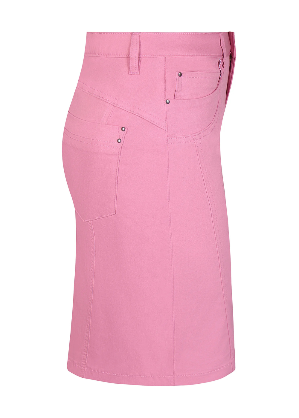 Naisten pinkki housuhame joustavasta materiaalista, kiinteät alushortsit, halkio takana, taskut ja nappi- ja vetoketjukiinnitys