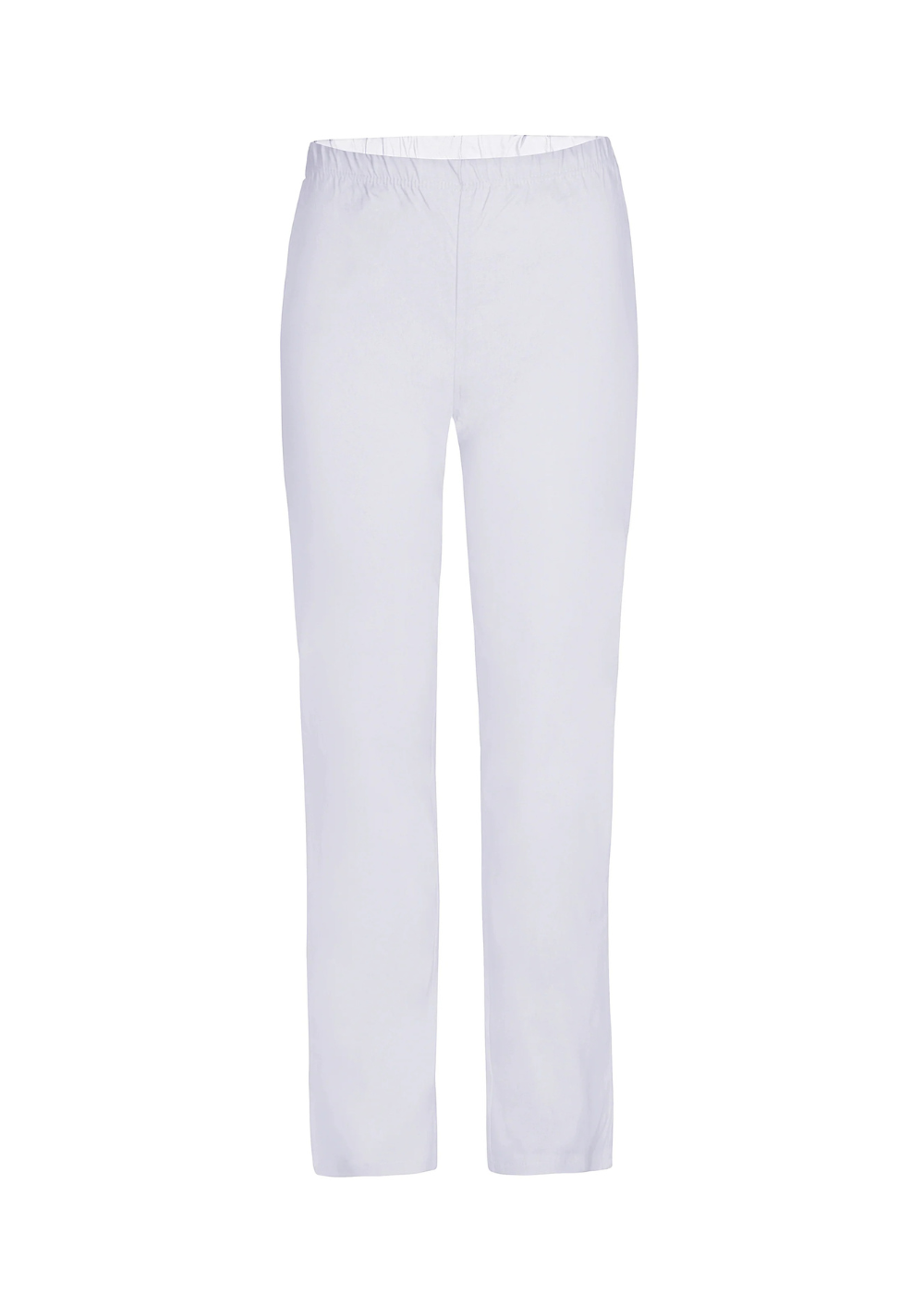 Naisten pehmeän luonnonvalkoiset stretch-housut, korkea kuminauhavyötärö, ohut joustava kangas, hyppyhousumalli ja suora lahje