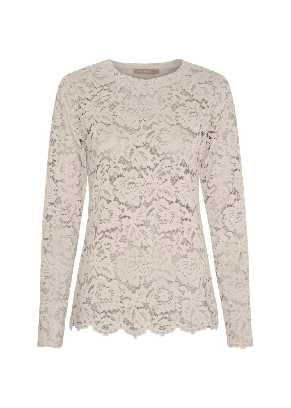 Naisten beige pitkähihainen pitsipusero, joustava läpinäkyvä pitsi, naisellinen malli, O-pääntie ja simpukkakuvio hihansuissa ja helmassa