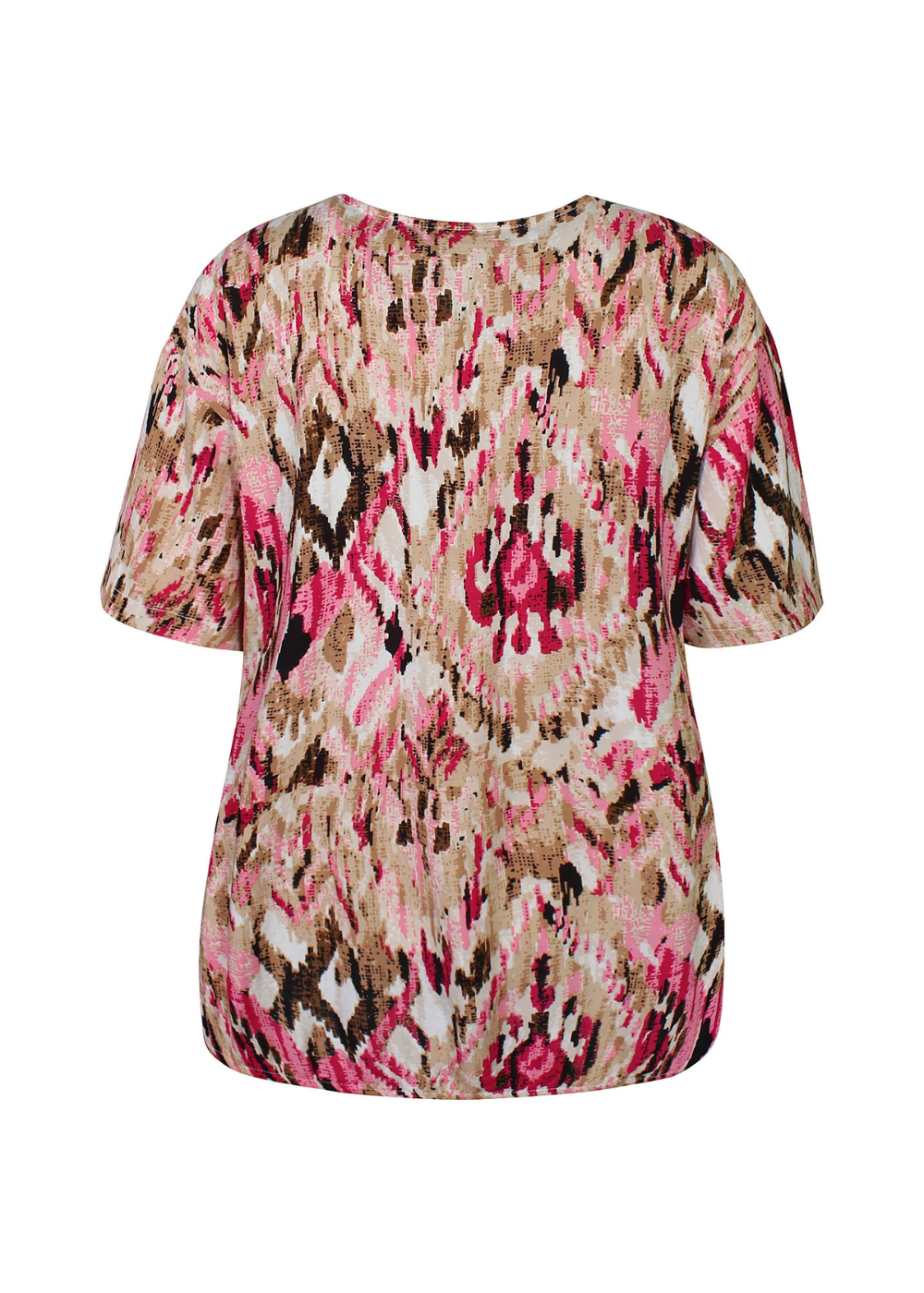 Naisten pinkki lyhythihainen pusero kirjavalla kuosilla, ohut materiaali, suora malli, O-pääntie ja pussimainen helma