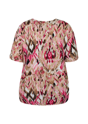 Naisten pinkki lyhythihainen pusero kirjavalla kuosilla, ohut materiaali, suora malli, O-pääntie ja pussimainen helma