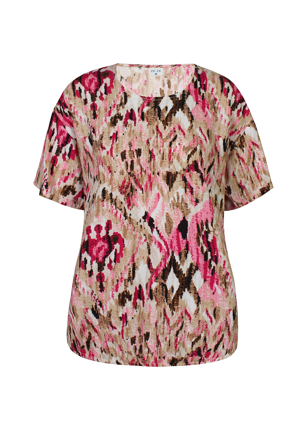 Naisten pinkki lyhythihainen pusero kirjavalla kuosilla, ohut materiaali, suora malli, O-pääntie ja pussimainen helma