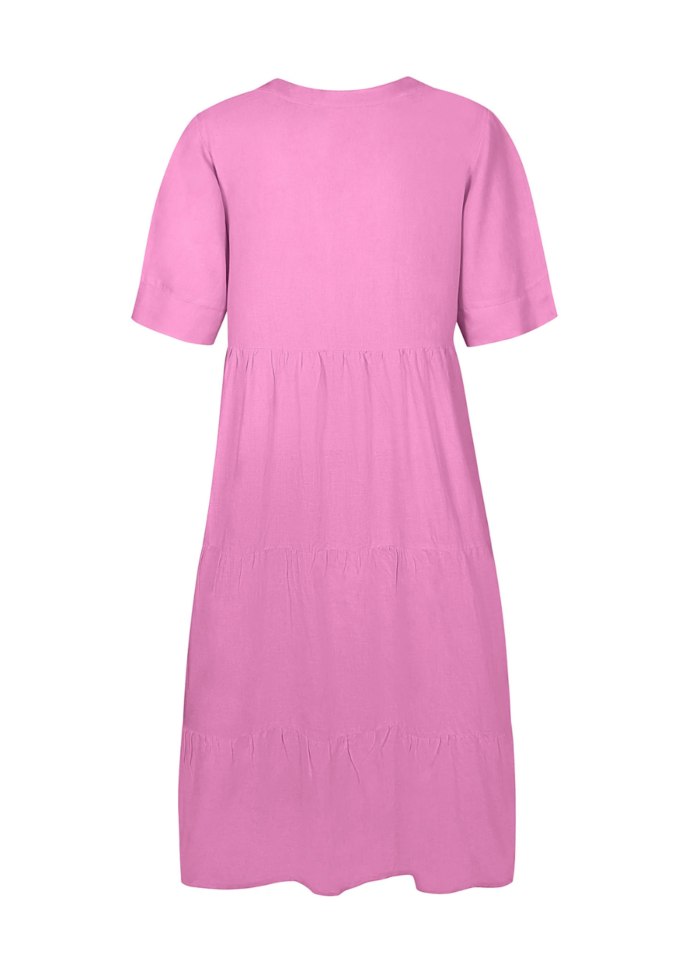 Pinkki frillamekko V-pääntiellä, frillahelma ja lyhyet halkiohihat, vyötäröleikkaus ja taskut, kevyt läpikuultava materiaali