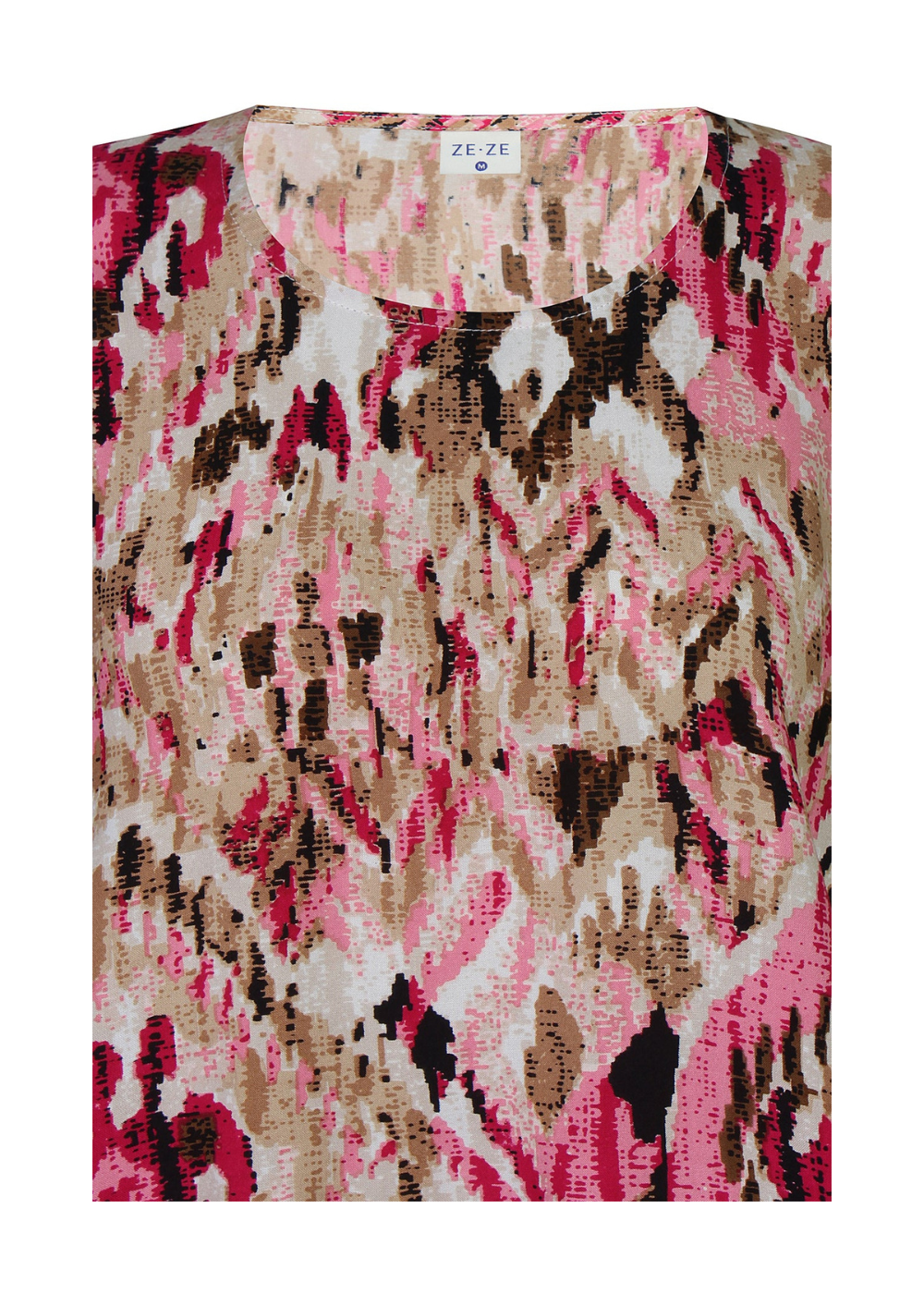 Naisten pinkki lyhythihainen pusero kirjavalla kuosilla, ohut materiaali, suora malli, O-pääntie ja pussimainen helma