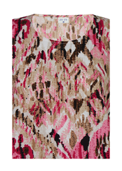 Naisten pinkki lyhythihainen pusero kirjavalla kuosilla, ohut materiaali, suora malli, O-pääntie ja pussimainen helma