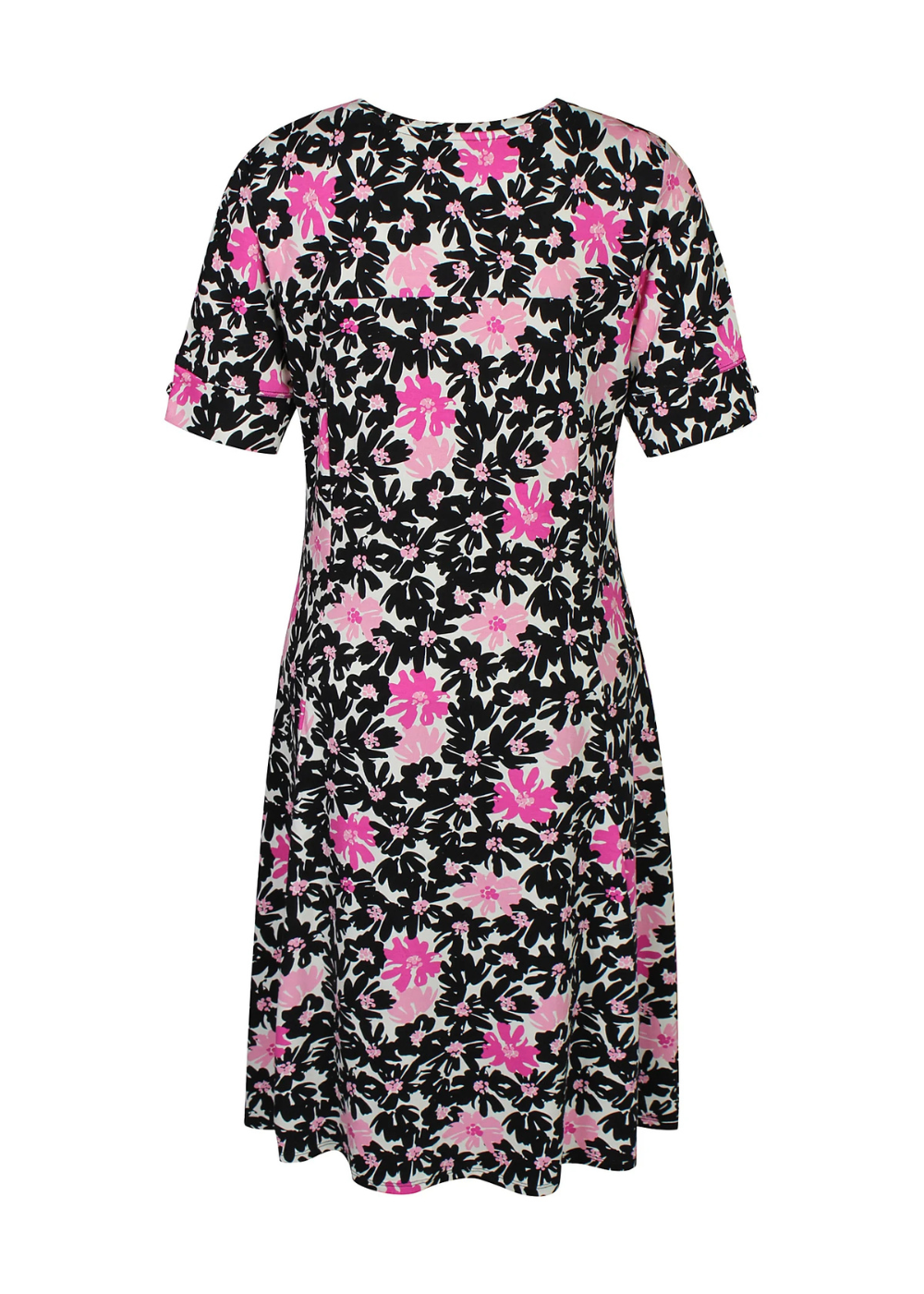 Naisten pinkki kukkamekko joustavasta ja pehmeästä materiaalista, lyhythihainen malli, V-pääntie, rypytetty yksityiskohta ja levenevä helma